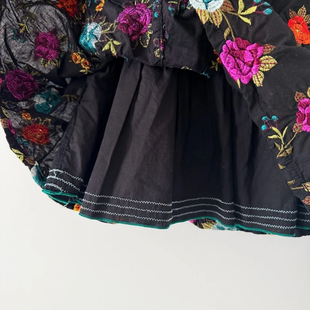 Johnny Was Black A-Line Skirt with Multicolor Floral Embroidery